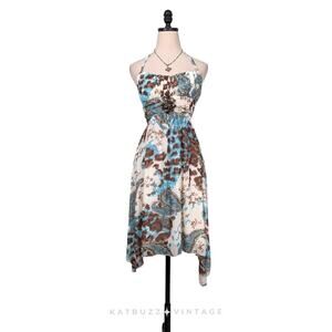 Vintage Babydoll Midi Dress 8 Blue Brown Fairy Grunge Halter Floral Handkerchief